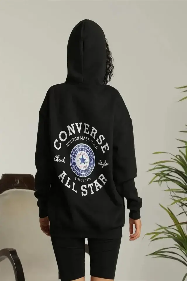 Sırt Baskılı Oversize Üç İplik Kapüşonlu Sweatshirt - Siyah - 4