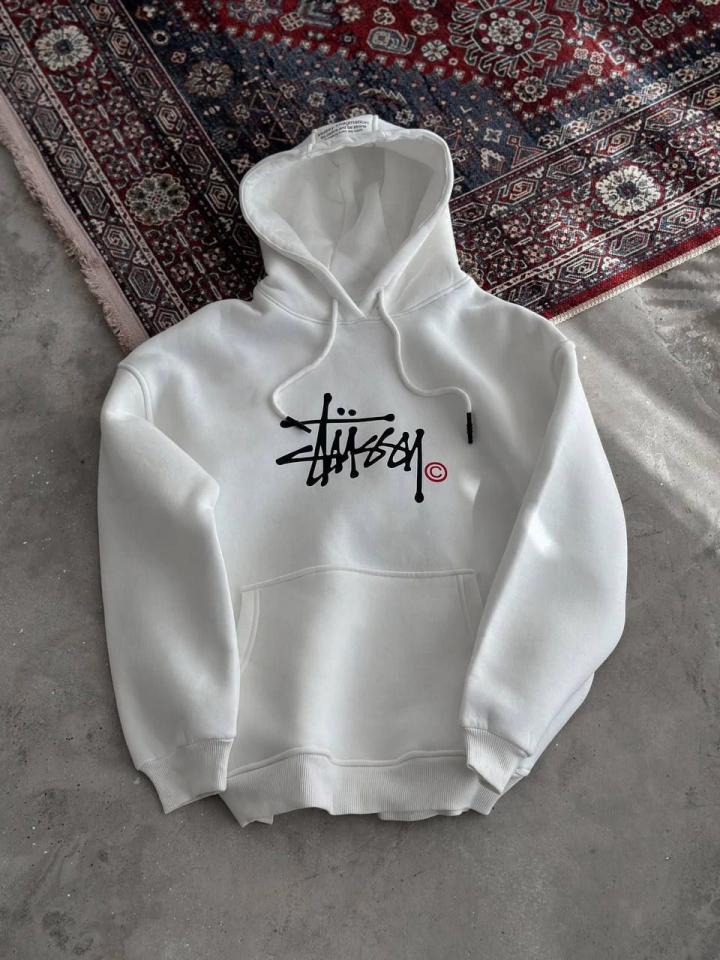 Üç İplik Kapşonlu Baskılı SweatShirt - Beyaz - 2