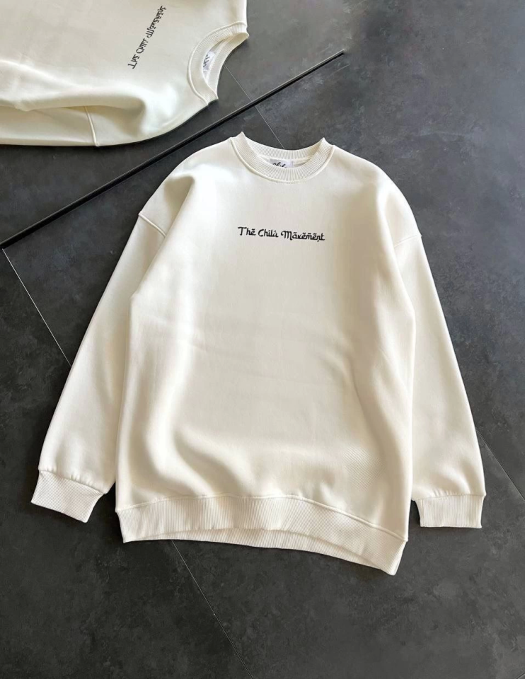 Üç İplik Penye Bisiklet Yaka Baskılı SweatShirt - Beyaz - 1