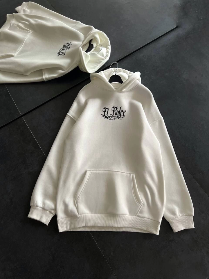 Üç İplik Penye Uzun Kol Kapşonlu Baskılı SweatShirt - Beyaz - 2