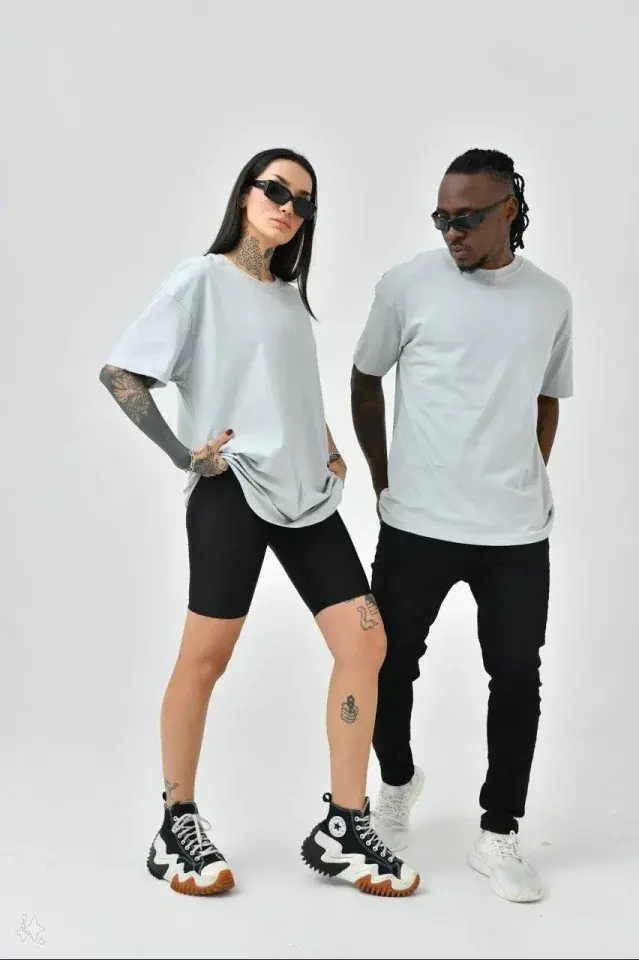 Unisex Basic Bisiklet Yaka Oversize T-Shirt - Boyalı Gri - 1