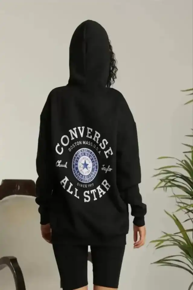 Unisex Kapüşonlu Üç İplik Oversize Baskılı Sweatshirt - Siyah - 2