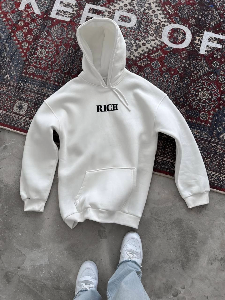 Uzun Kol Kapşonlu Göğüs Baskılı SweatShirt - Beyaz - 2