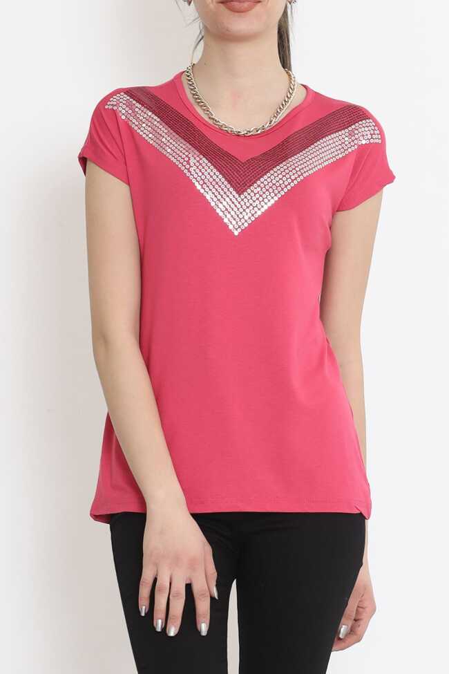 V Desen Pullu Bluz Pembe - 1