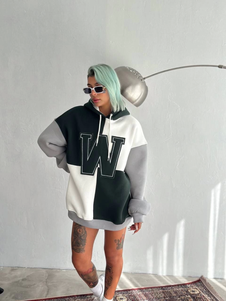 W Nakış İşlemeli Kapüşonlu Sweatshirt - Haki - 1