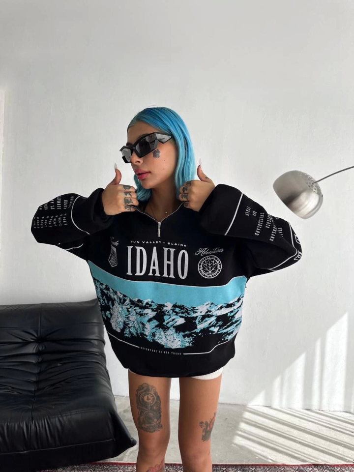 Yarım Fermuarlı Oversize Baskılı SweatShirt - Siyah - 1