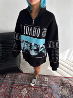 Yarım Fermuarlı Oversize Baskılı SweatShirt - Siyah - 2